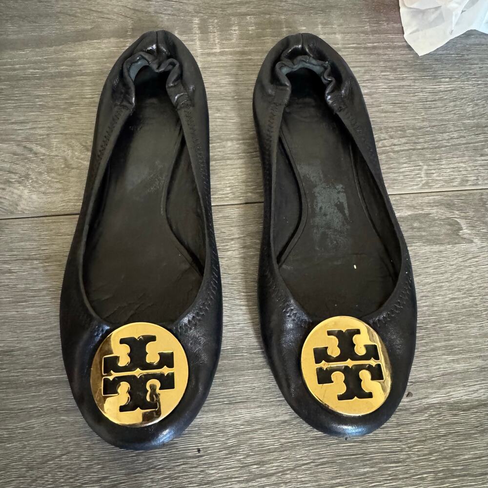 Tory Burch Reva Ballet Flats Black Leather Gold Logo Women’s 8.5